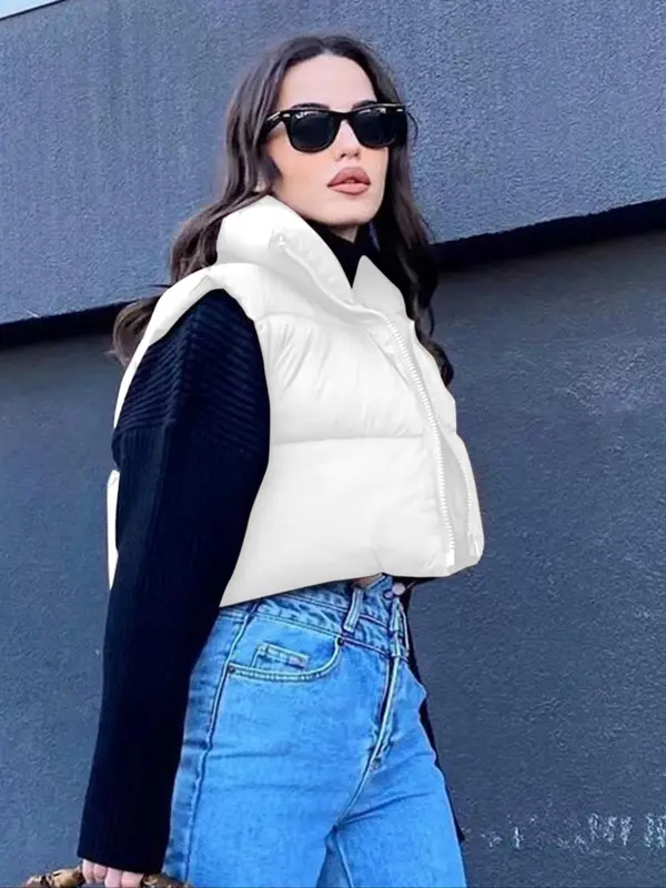 Women's Solid Drawstring Zip Up Puffer Vest, Casual Fashion Sleeveless Outerwear for Fall & Winter, Women's Clothing for Daily Wear 4
