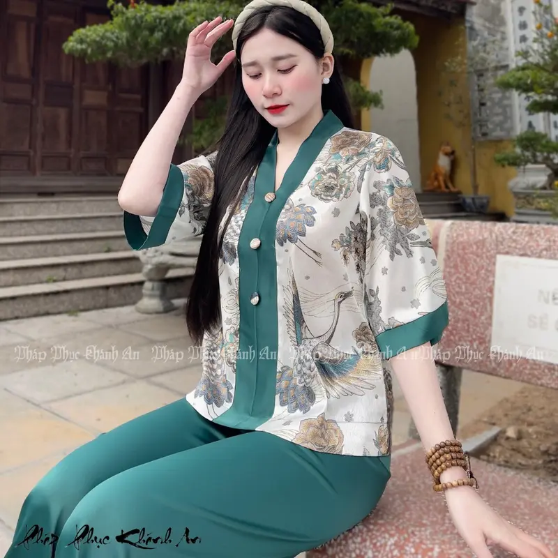 KA2- Bộ Lam Ba Cúc Tay Lỡ Lụa Vân Gỗ Cao Cấp Mẫu Mới Pháp Phục Khánh An Nữ Áo 1