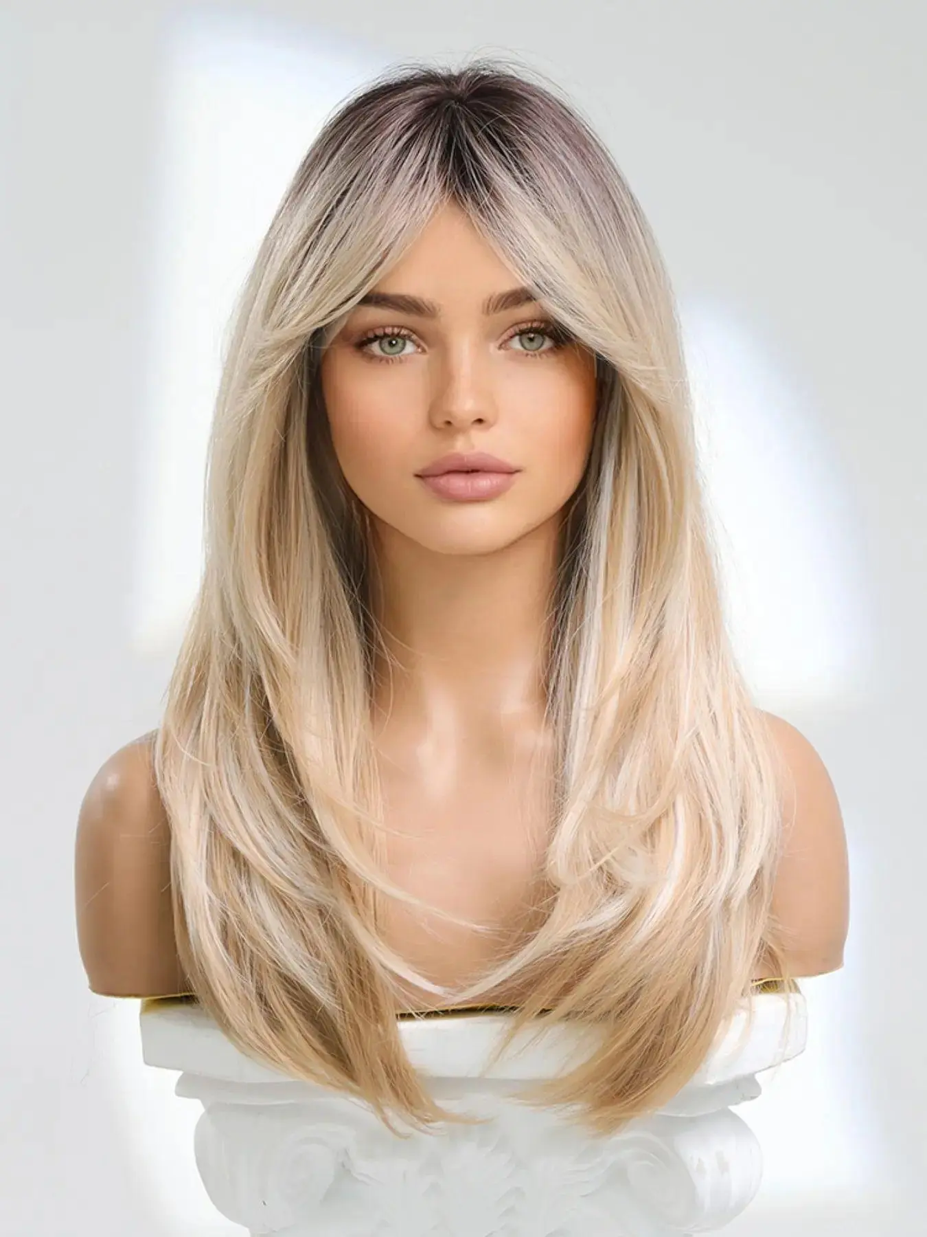 24 Inch Long Straight Layered Cut Wigs for Women, Gorgeous Fluffy Wigs with Curtain Bangs, Synthetic Full Machine Wigs for Party, Daily Use