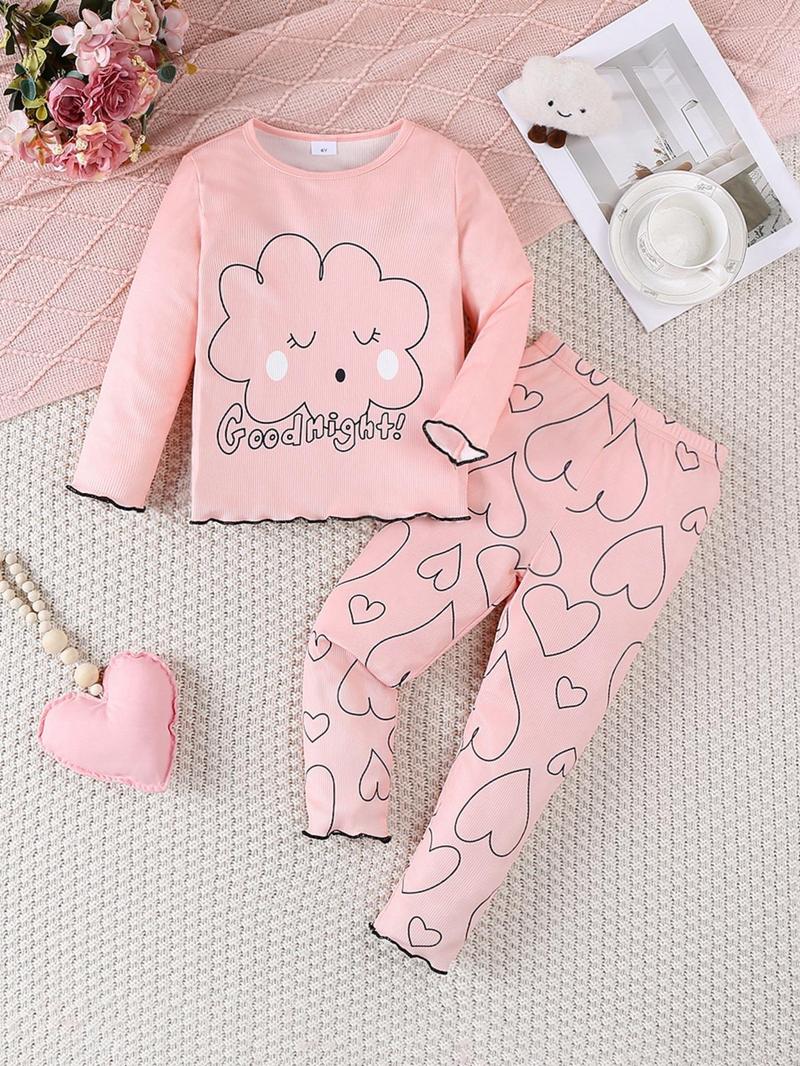 Product Introduction of Toddler Girl's Contrast Binding Lettuce Trim Tee & Pants Two-piece Set, Cute Casual Cartoon Cloud Print Long Sleeve Top & Heart Print Elastic Waist Trousers for Spring & Fall, Kids Clothes for Daily Wear 6