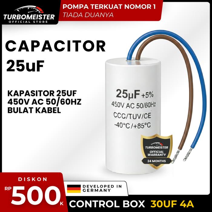 Jual Kapasitor 25uF 450V AC Kabel (Biru & Cokelat) - Starting & Running ...
