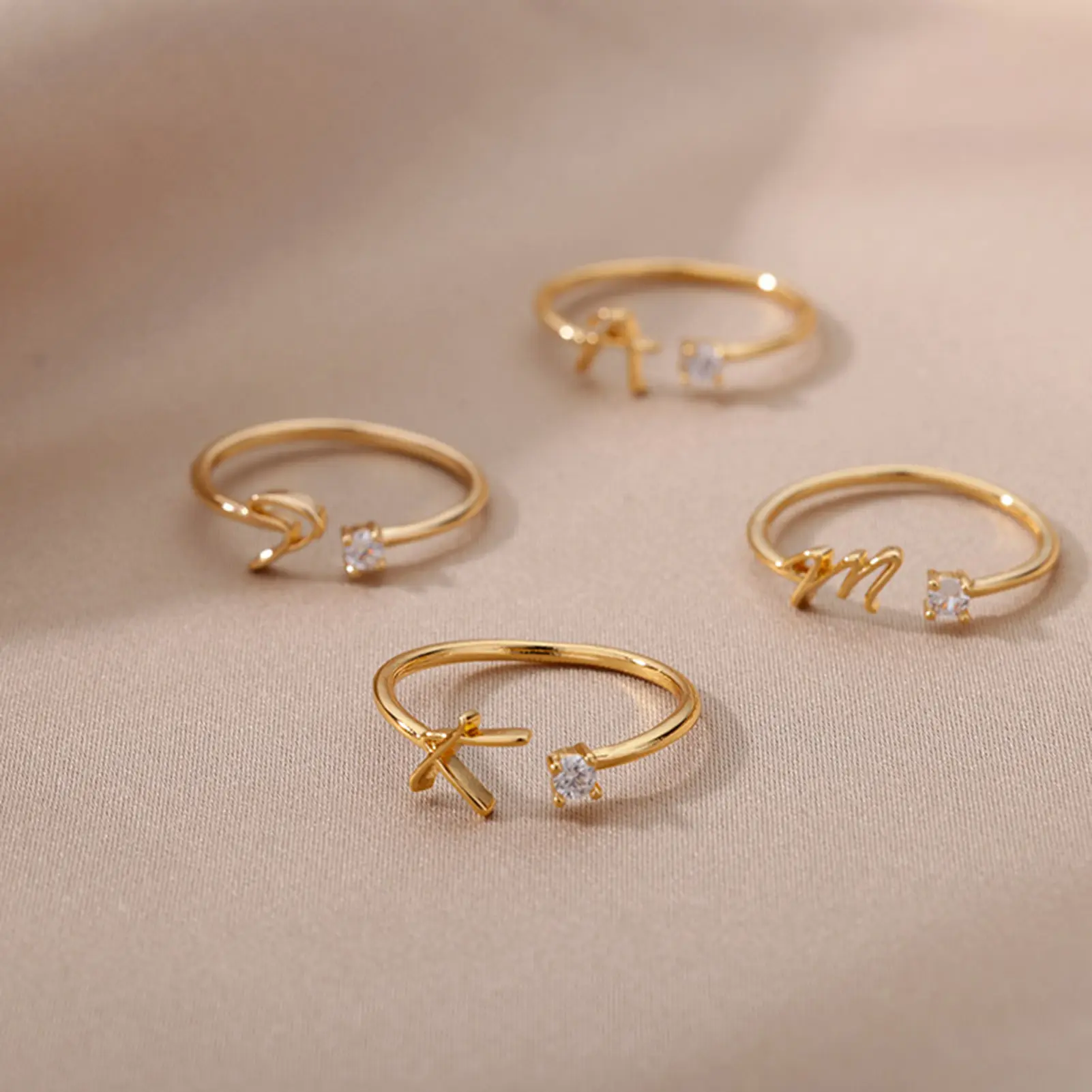 Finger Ring Adjustable Electroplating Smooth Rhinestone Geometric Dress Up Fashion Jewelry Rhinestone Alphabet 26 Letter Ring Women Accessories