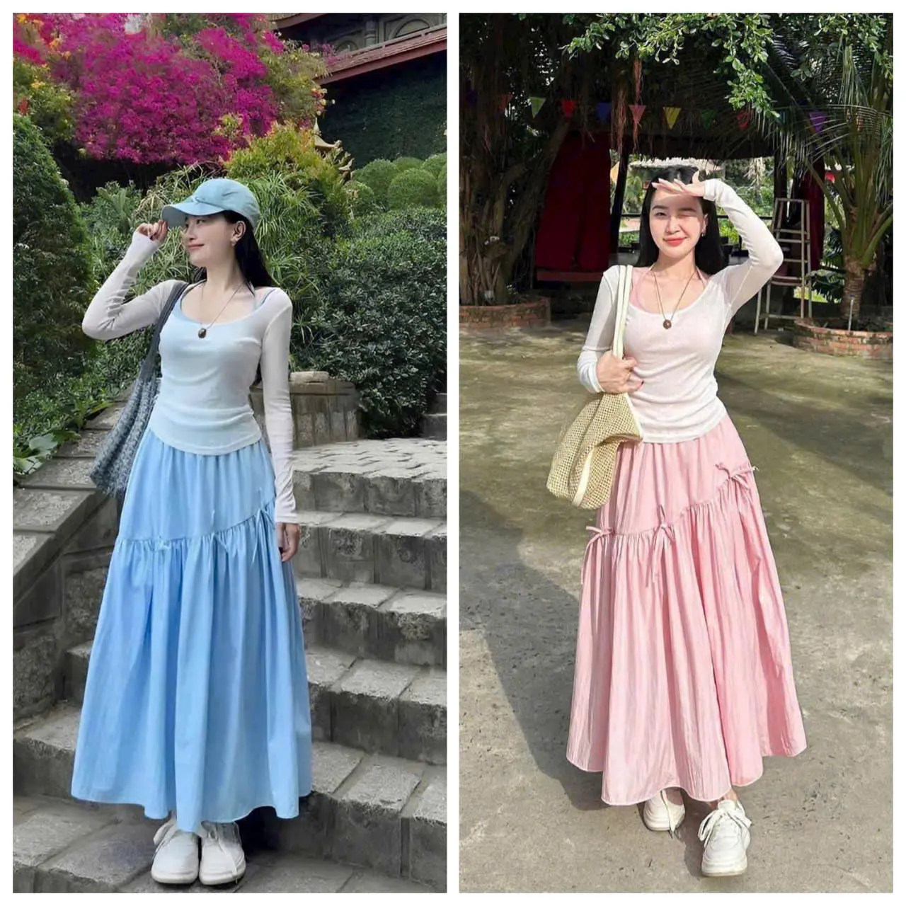 set ba món đi chơi nữ lót hai dây áo khoác tay dài kèm chân váy dài xinh xắn cho các nàng diện đi chơi