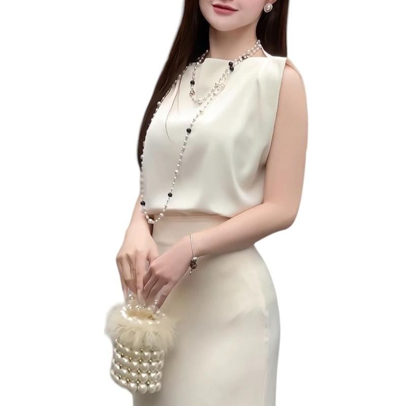 Set bộ lụa áo xuông phối chân váy đuôi cá Y51 Nữ Women Voi Chấm Bi Kem Top 4