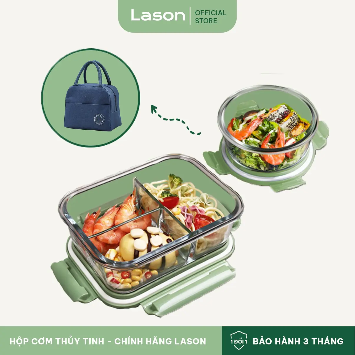 Hộp cơm thuỷ tinh trong suốt Lason An toàn sử dụng lò vi sóng, chống tràn, thuỷ tinh dày dặn (Tặng kèm túi khi mua combo)