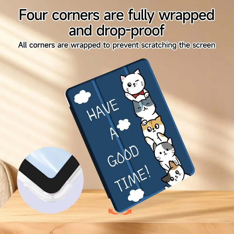 Cartoon Cat Pattern Tablet Case with Pen Slot, Auto Sleep/Wake Up Tablet Protective Cover, Multi-angle Support Tablet Protector for iPad 7