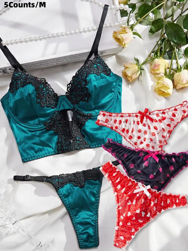 Women's Contrast Embroidery Lingerie Set & Thongs Set, Women's Underwear Set 2