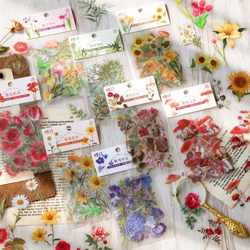 40 Pcs Plant Nature Series Retro Journal Stickers Scrapbooking PET Sticker Journaling Material Scrapbook Paper