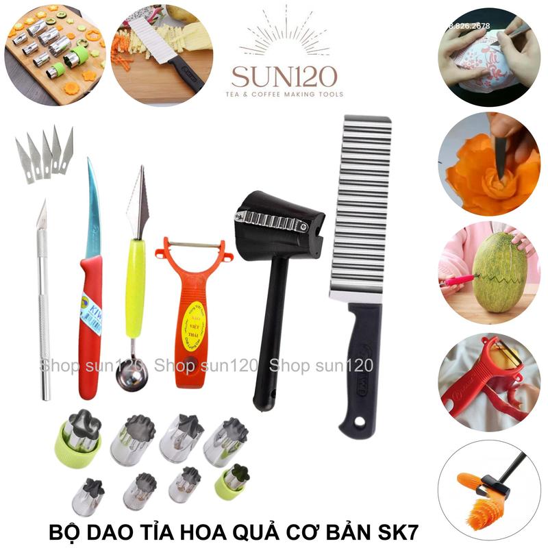 Bộ dao tỉa hoa quả cơ bản SK7 xoáy hoa cà rốt inox dụng cụ trang trí trái cây dao khắc dưa hấu