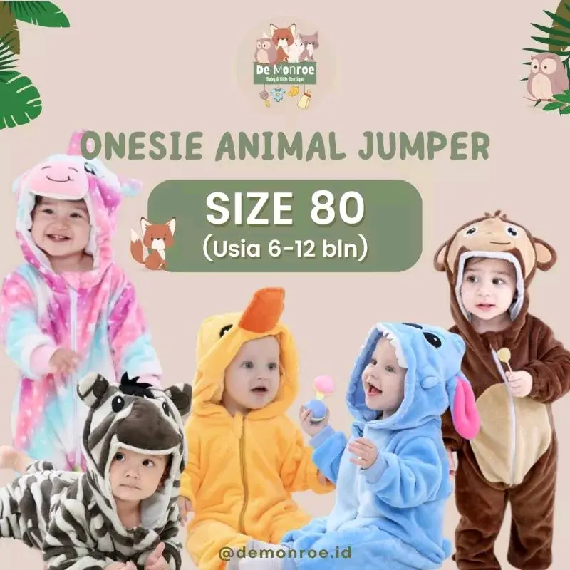 Size 80 ( 6-12 Bulan ) GROSIR MURAH De Monroe Baju Bayi dan Anak Baju Tidur Kostum Bayi Binatang Jumper Animal Romper Onesie Cewek Cowok Singa dll Kids