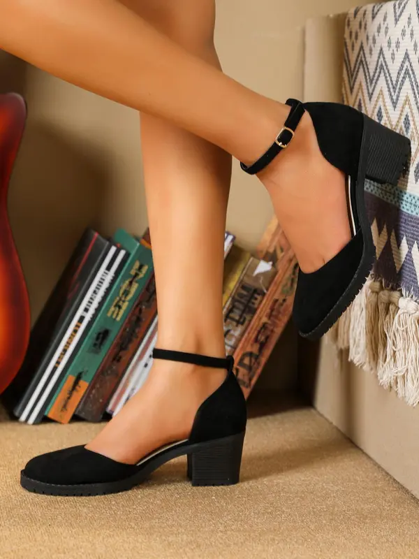 Women's Fashionable Solid Color High Heel Shoes, Elegant Pointed Toe Buckle Design Chunky Heeled Heels for Daily Wear, Minimalist Ankle Strap Pumps 0