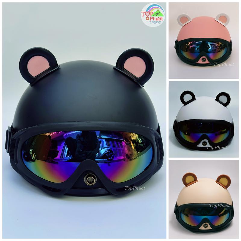  Mũ bảo hiểm nửa đầu chính hãng SRT kính uv kèm tai gấu cute nhiều màu - Hàng cao cấp tặng kèm Phụ Kiện hình dán sticker nón  baohiem 