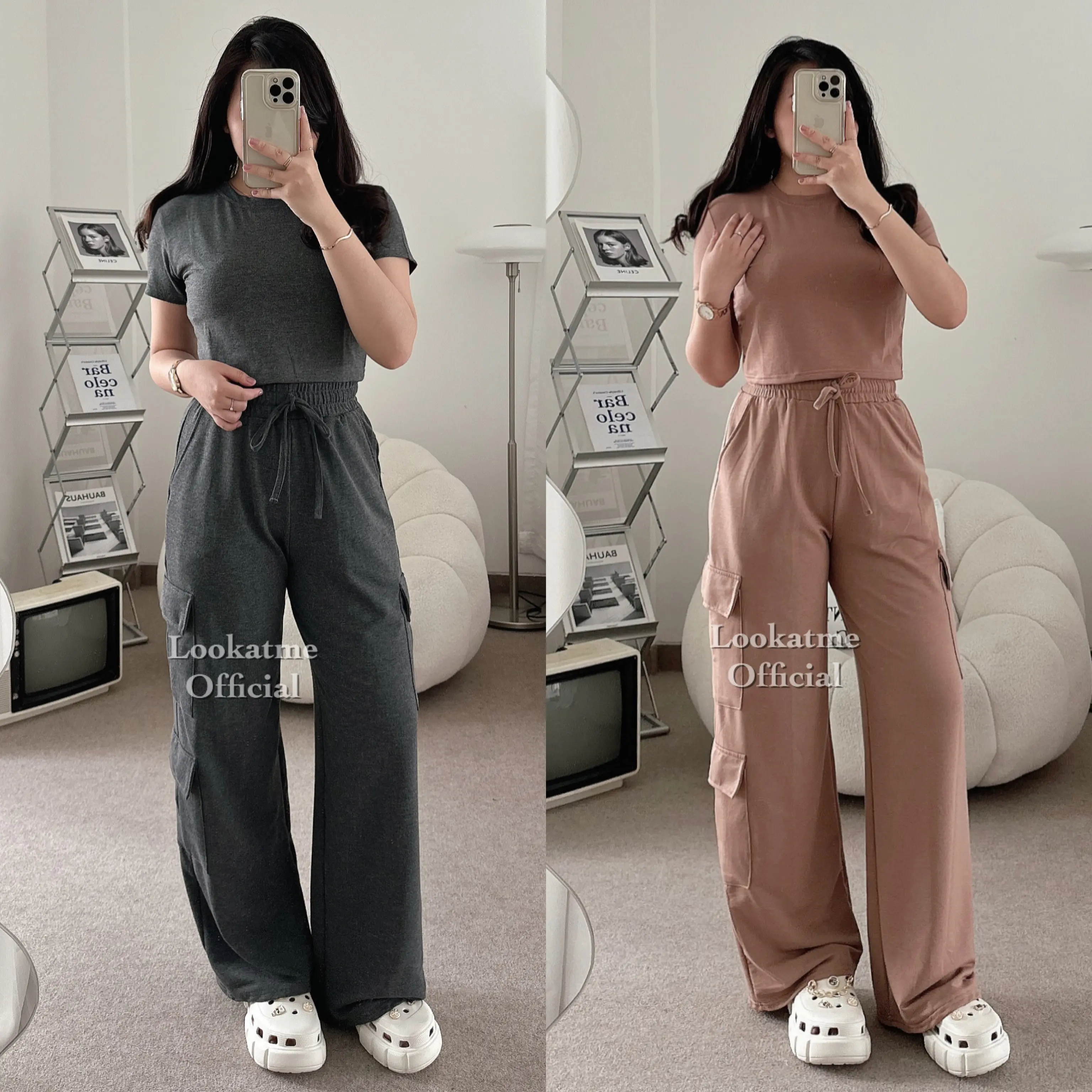 lookatmeofficial - Taylor One Set Babyterry Top + Cargo Pants - Setelan Wanita Celana Kargo Loose Pants Full Karet Panjang Lengan pendek  Atasan Baju Crop Stretch Standar Serut Kantong Simple