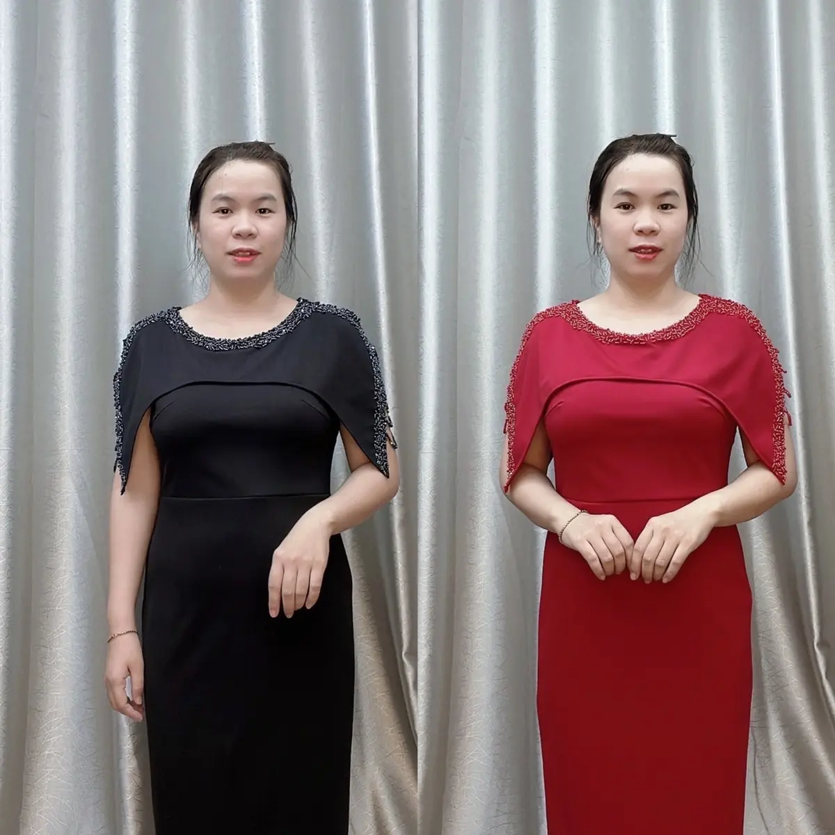 Đầm cho mẹ,dáng suông Thiết Kế Cổ Tròn Tay Nữ Hoàng, Đính Phale Cao Cấp, Đen - Đỏ - Da - Hồng Ruốc
