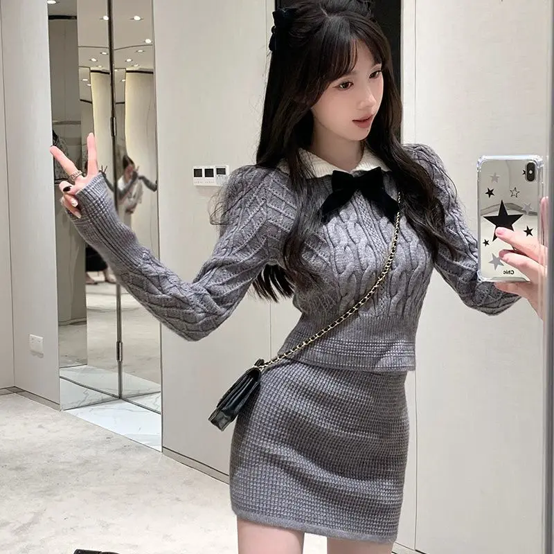 Bộ Đồ Dệt Kim, Thời Trang Cổ Điển Áo Len Nơ Nữ, Bộ Đồ Hai Mảnh, Thích Hợp Cho Mùa Thu Và Mùa Đông, Dễ Thương Và Gợi Cảm, Sành Điệu, Sưu Tập Mùa Thu Đông, Thời Trang