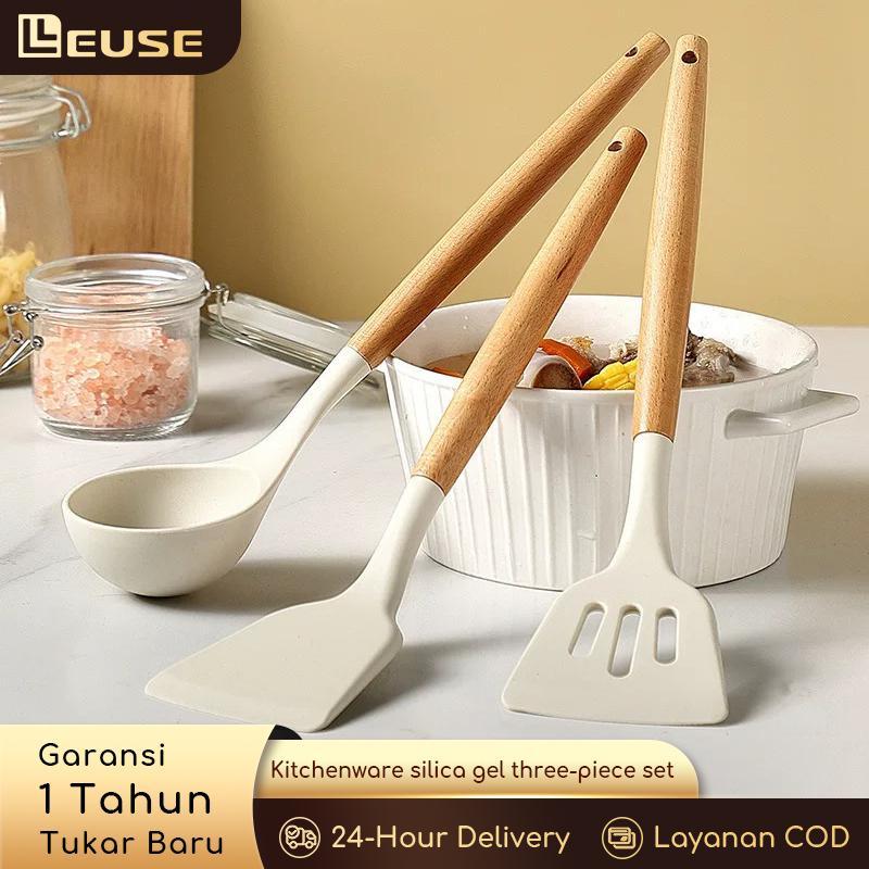 【LEUSE】Silicone Kitchen Utensil Set with Wooden Handle - Non-Stick ...