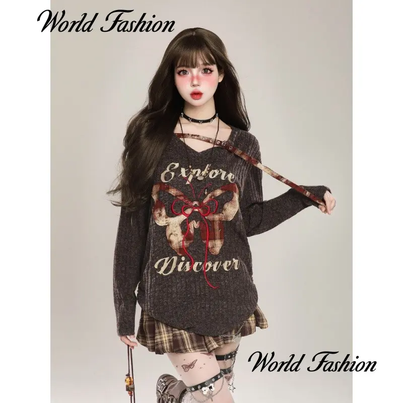 Áo Thun Tay Áo Thêu Hình Bướm Mỹ, Worldfashion, Thiết Kế Ngọt Ngào Mùa Thu, Áo Cánh Lười Biếng, Áo Dáng Rộng, Phong Cách 20241010, Hoang Dã