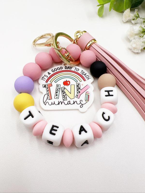 Creative Letter Pattern Tassel Decor Metal Keychain, Beaded Bracelet Decor Key Ring, Fashionable Keychain for Men & Women, Charms, Gifts for Her 3