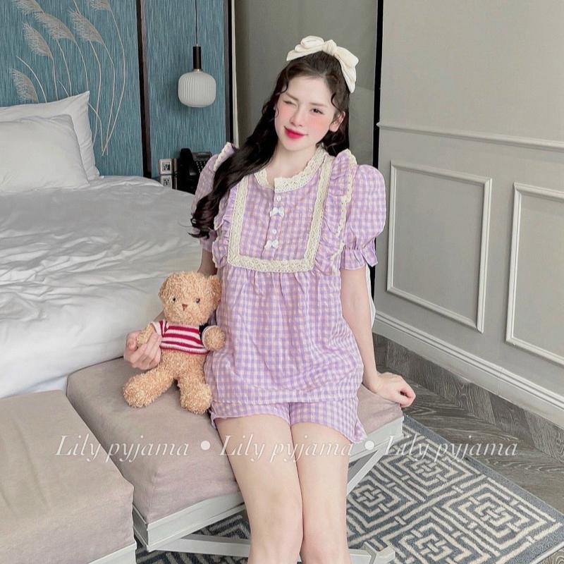 Bộ Ngủ Pijama Mặc Nhà Ngắn Tay Quần Đùi Kẻ Caro Chất Đũi Dễ Thương HIPEE, Tay Áo Bo Chun Tiểu Thư (40-60kg) Nữ Women
