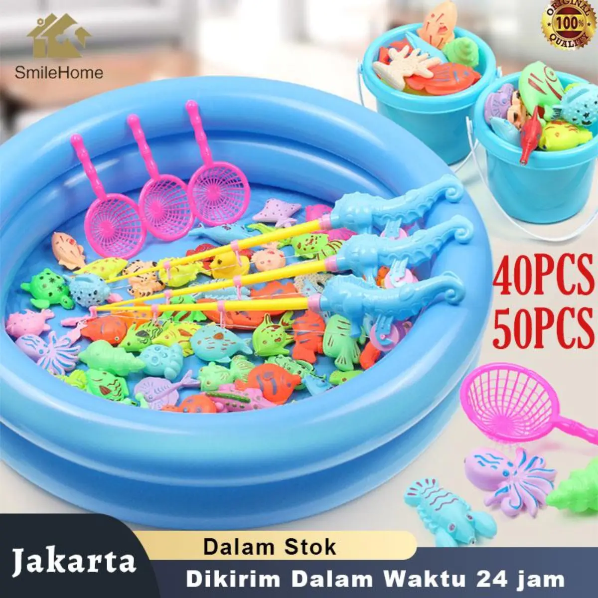 Mainan Pancing Ikan / Kids Magnetic Fishing Toy Set with Inflatable Pool Playing Water Baby Bath Toys Fishing rod Outdoor Fun Game Water Toy for Child children Sand