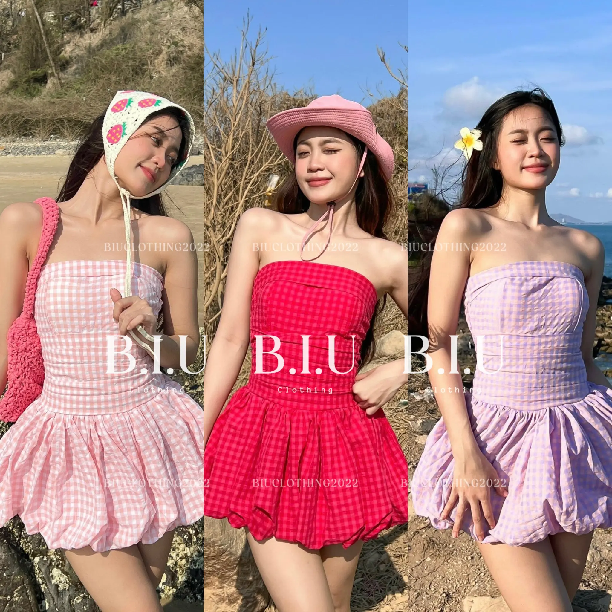 Set đầm ống dáng bí phồng kèm quần họa tiết caro xinh xắn đáng yêu Miri Set Biu Clothing BB0292 Women Kem Áo Top Cotton