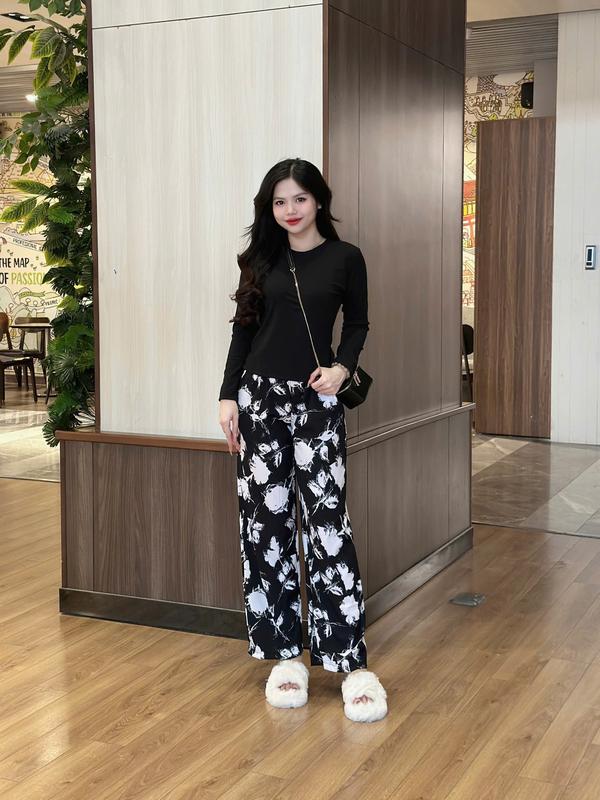 {Kim Chi}  Sét Tay Dài , 2 món Quần ống rộng rãi Vãi Lụa , áo thun Tăm lạnh co giản 4 chiều (38kg - 66kg) 8
