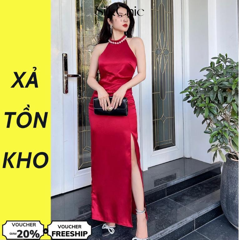 [DEAL XẢ KHO] SilkChic 01 Váy Lụa Cổ Yếm Đính Hạt Ngọc Trai - Váy Dự Tiệc Dáng Dài Cổ Yếm Xẻ Tà Sang Trọng Dress Kem