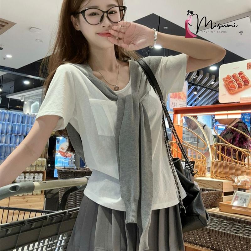 Sét váy MISUMI gồm áo thun ngắn tay, chân váy xếp ly kèm khăn choàng phong cách Hàn Quốc ngọt ngào dễ thương SET6 1