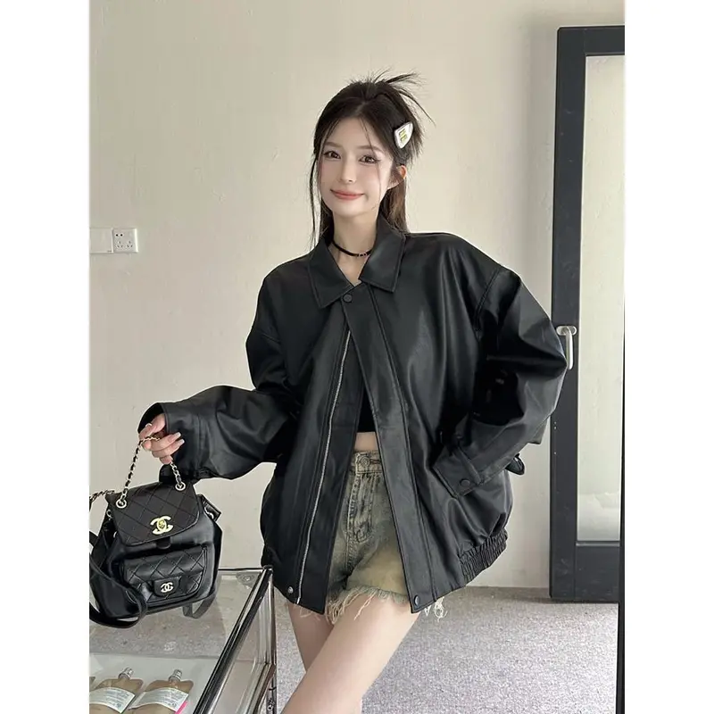 Áo Khoác Da, Phong Cách Mỹ Cổ Điển Màu Cà Phê, Dành Cho Nữ, Thích Hợp Cho Mùa Xuân Và Mùa Thu, Ngọt Ngào Và Ngầu, Thiết Kế Xe Máy, Da PU, Dáng Rộng Vừa Vặn, Áo Dài Tay, Hợp Xu hướng 3
