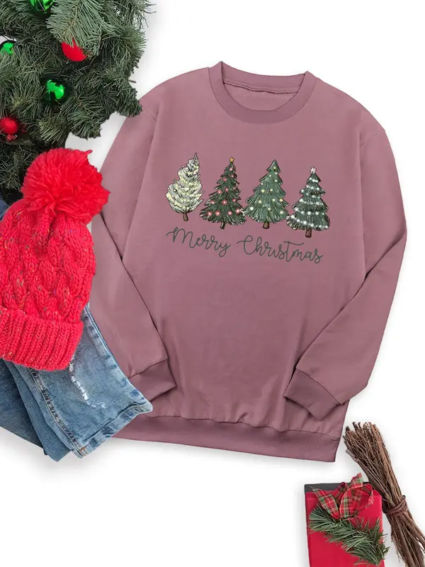 Women's Christmas Tree & Letter Print Round Neck Sweatshirt, Casual Long Sleeve Crew Neck Pullover for Fall & Winter, Women's Clothes for Daily Wear 0