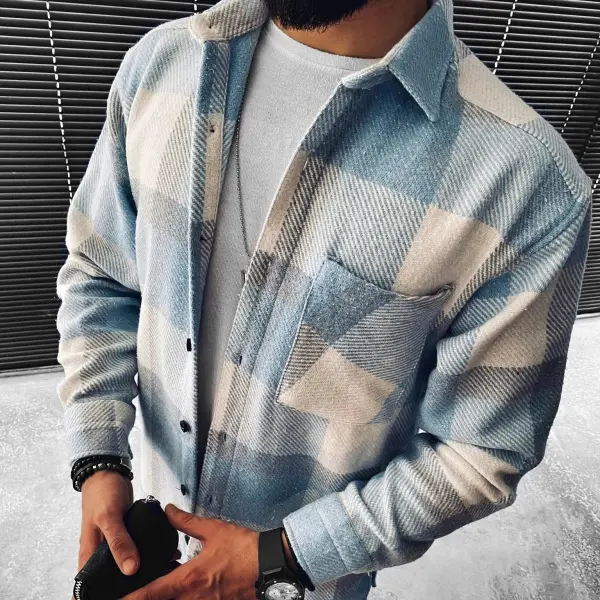 Cross-Border European and American New 2025 Spring and Autumn Long Sleeve Blue and White Plaid Long Sleeve Shirt Casual Stand Collar Pocket Shirt for Men Menswear Top Checked Wetsuit 0