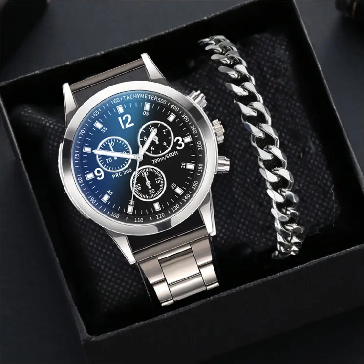 【Watch+Bracelet】New Decorated Fake Three-eye Casual Blue Light Glass Fashion Men's Watch