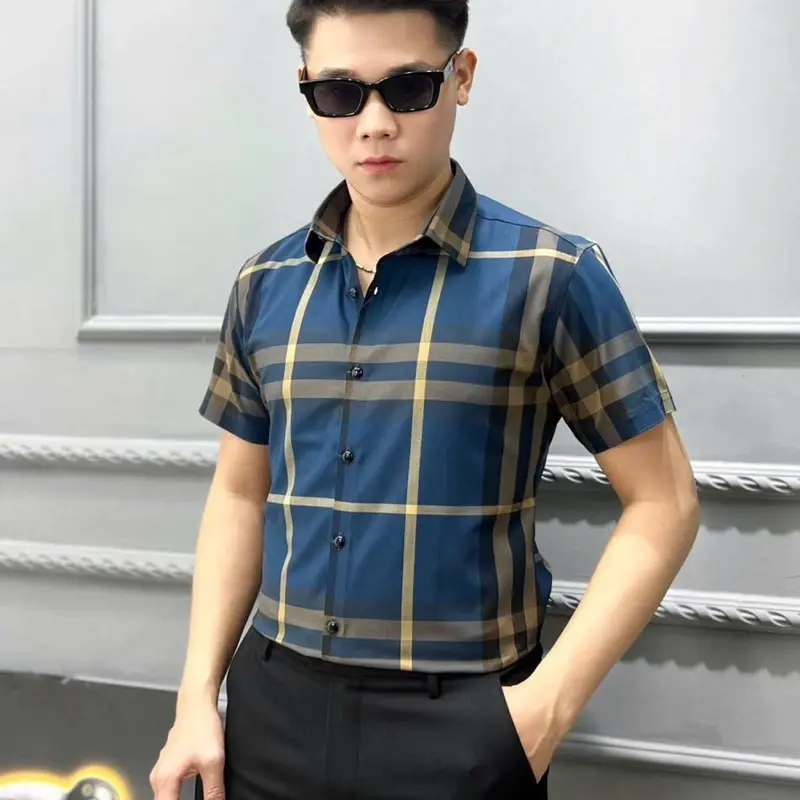 Áo Sơ Mi Cộc Tay Nam Kẻ Caro Xanh Nâu M02 Cao Cấp Mềm Mại Menswear Shirt