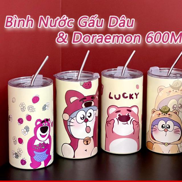 Bình nước gấu dâu 600ml Bình giữ nhiệt doraemon inox 304 cốc gấu dâu dễ thương ly doraemon có nhãn dán
