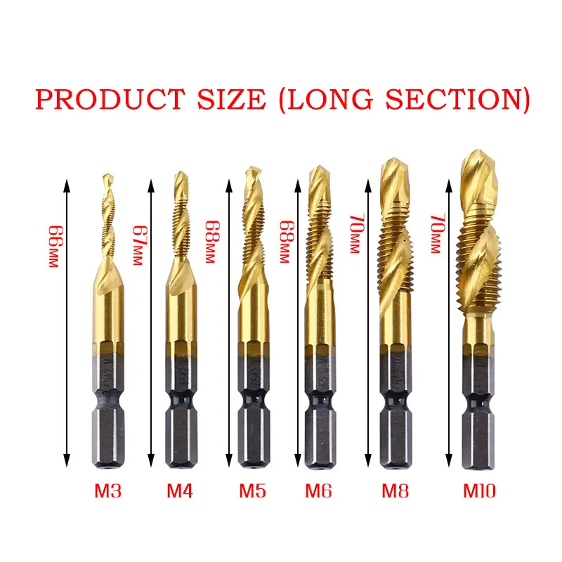Mata Bor Multifungsi 6 PCS Mata Bor Pembuat Ulir Drat Drill Tap Set M3-M10 Set Hex Twist Spiral Tapper 7cm ( Extra Long ) 7
