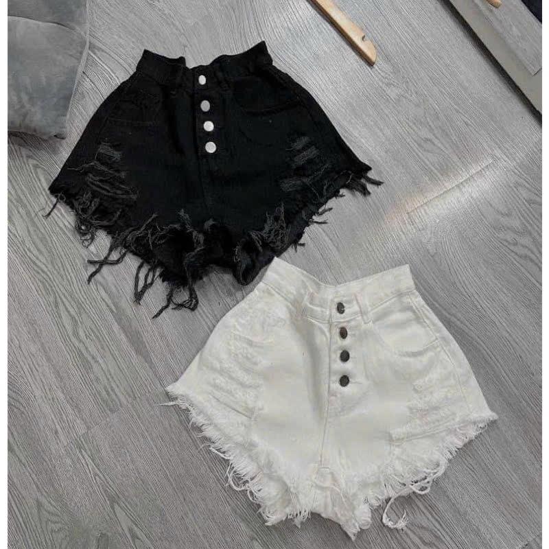 (Q014) [Ảnh thật] Quần short kaki jean 4 nút gài phối tua rua và rách, quần đùi cạp cao tôn dáng dài chân, quần sooc lưng cao trẻ trung
