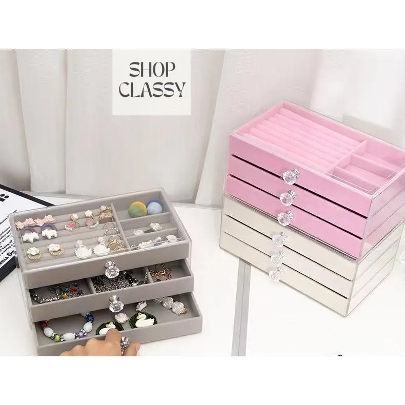 Exquisite transparent jewelry box drawer women's velvet ring earrings small grid  necklace Organiser organizer transparent box
