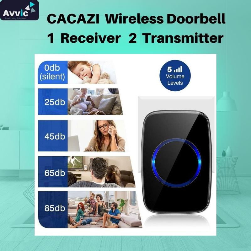 Avvic x CACAZI Wireless DoorBell Waterproof 1 Receiver 2 Transmitter Baterai Bel Black Pintu White Kotak 4