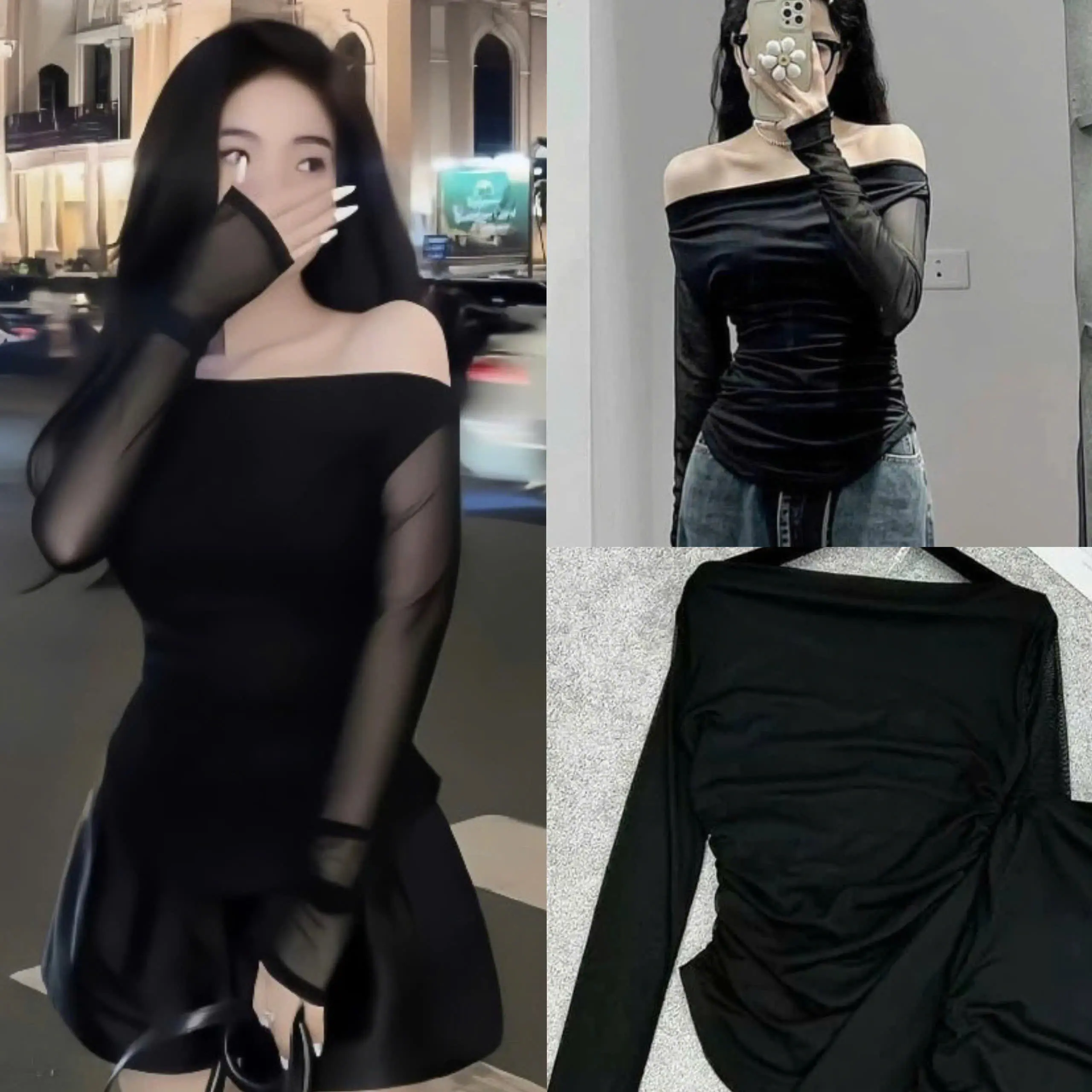 Áo trễ vai Tay Lưới rúm eo - A74 Nữ Women .