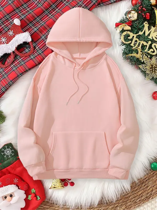 Women's Christmas Tree & Book Print Drop Shoulder Hoodie, Fashion Casual Drawstring Pocket Hooded Sweatshirt for Daily Holiday Outdoor Wear, Women Clothing for Fall & Winter 7
