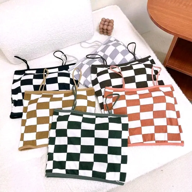 Paket Murah 6Pcs Tanktop motif kotak dengan cup BH singlet wanita tanpa kawat murah FS 0