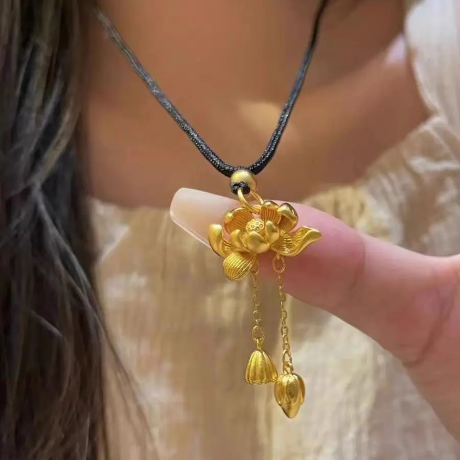 Mặt Dây Chuyền Hoa Sen, Vàng Phù Sa Phong Cách Cổ Trang, Hai Con Chăn Độc Đáo, Tua Cao Cấp, Dây Bện, Vòng Cổ Trung Cổ Nữ