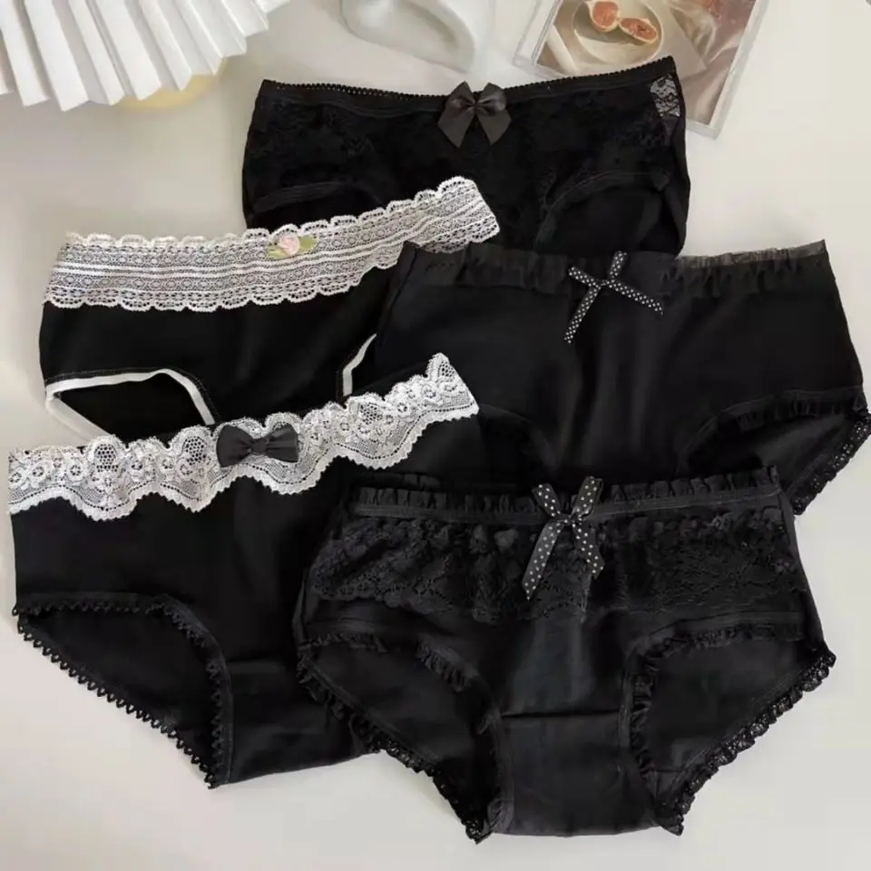 Đồ Lót, Phong Cách Nhật Bản, Ngầu Và Dễ Thương, Màu Đen, Dành Cho Phụ Nữ Và Trẻ Em Học Sinh Phổ Biến, Được Làm Bằng Bông, Kháng Khuẩn, Thoáng Khí, quần Lót Cạp Thường Phối Ren, Women quần tàntật