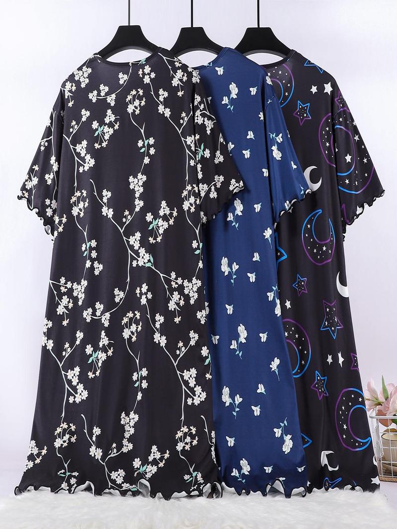 Product Introduction of 【Plus Size】 Floral & Star Print Lettuce Trim Nightdress, Casual Soft Comfortable Round Neck Short Sleeve Nightgown for Women, Women's Sleepwear for Summer 2