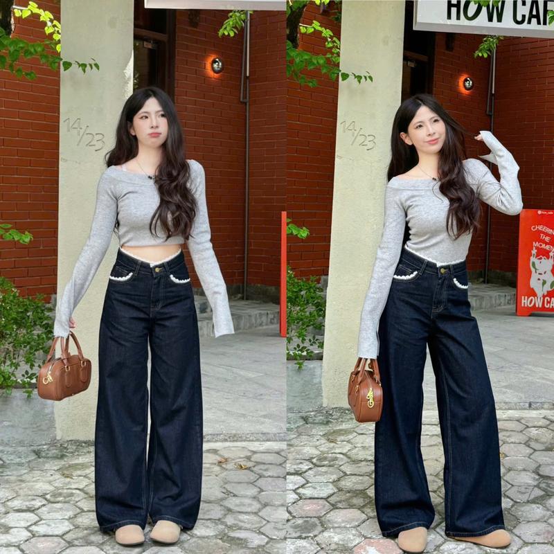 [CÓ SIZE CHO NẤM] Quần jeans nữ form ống rộng màu than phối ren nổi bật Woman Pants MINI006 1