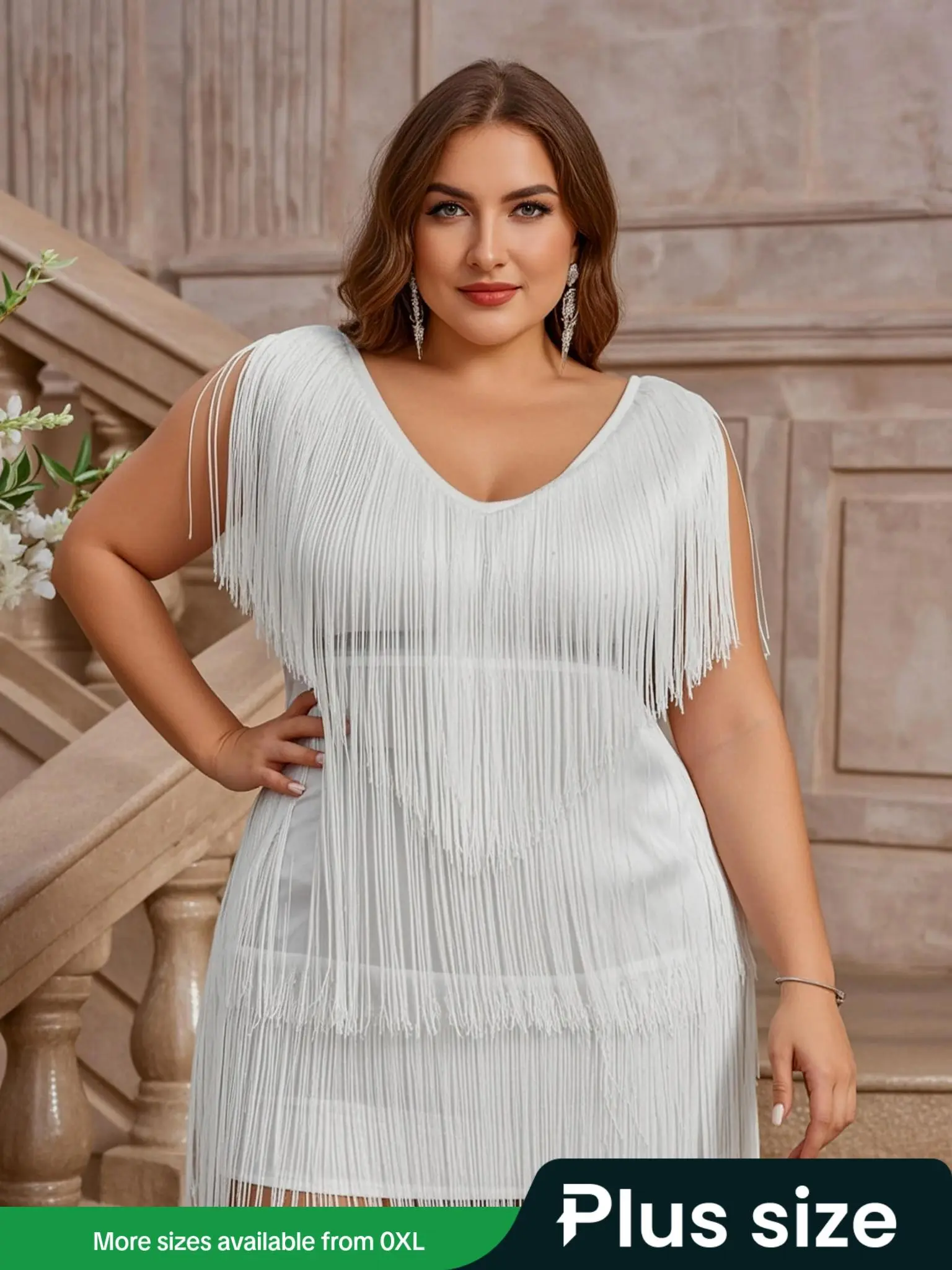 【Plus Size】 Fringe Trim Deep V Neck Party Dress, Elegant Sleeveless Dress for Party Evening Formal Occasions, Women's Clothes for Summer, Womenswear