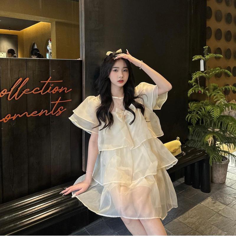  Váy babydoll voan tiểu thư bồng bềnh 3 tầng tay hến NƠ đính trước bánh bèo 