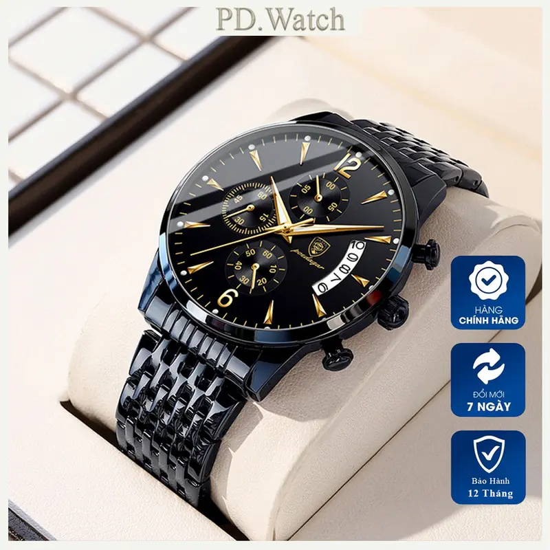 Đồng Hồ Nam POEDAGAR Full Đen Đồng Hồ Đeo Dây Thép Sang Trọng Tinh Tế GiàY Đeo Tay Watch 0