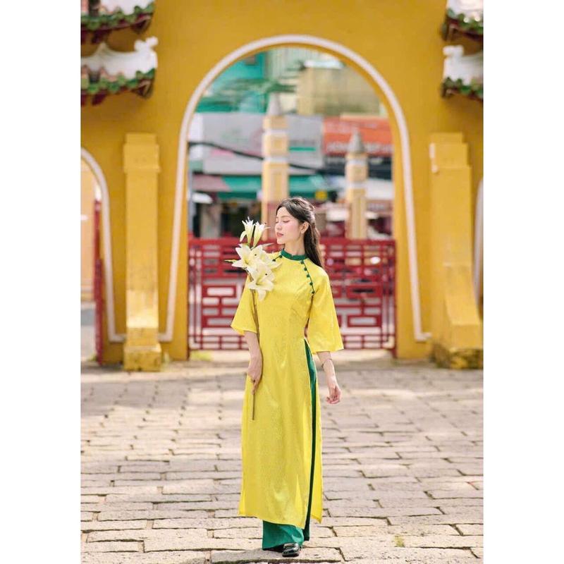 Áo dài cách tân  phối cổ tay lỡ như hình, sang trọng  dành cho nữ - Women Kem Sen Dress 4