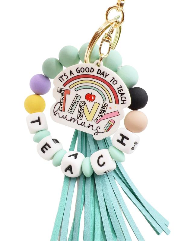 Creative Letter Pattern Tassel Decor Metal Keychain, Beaded Bracelet Decor Key Ring, Fashionable Keychain for Men & Women, Charms, Gifts for Her 0